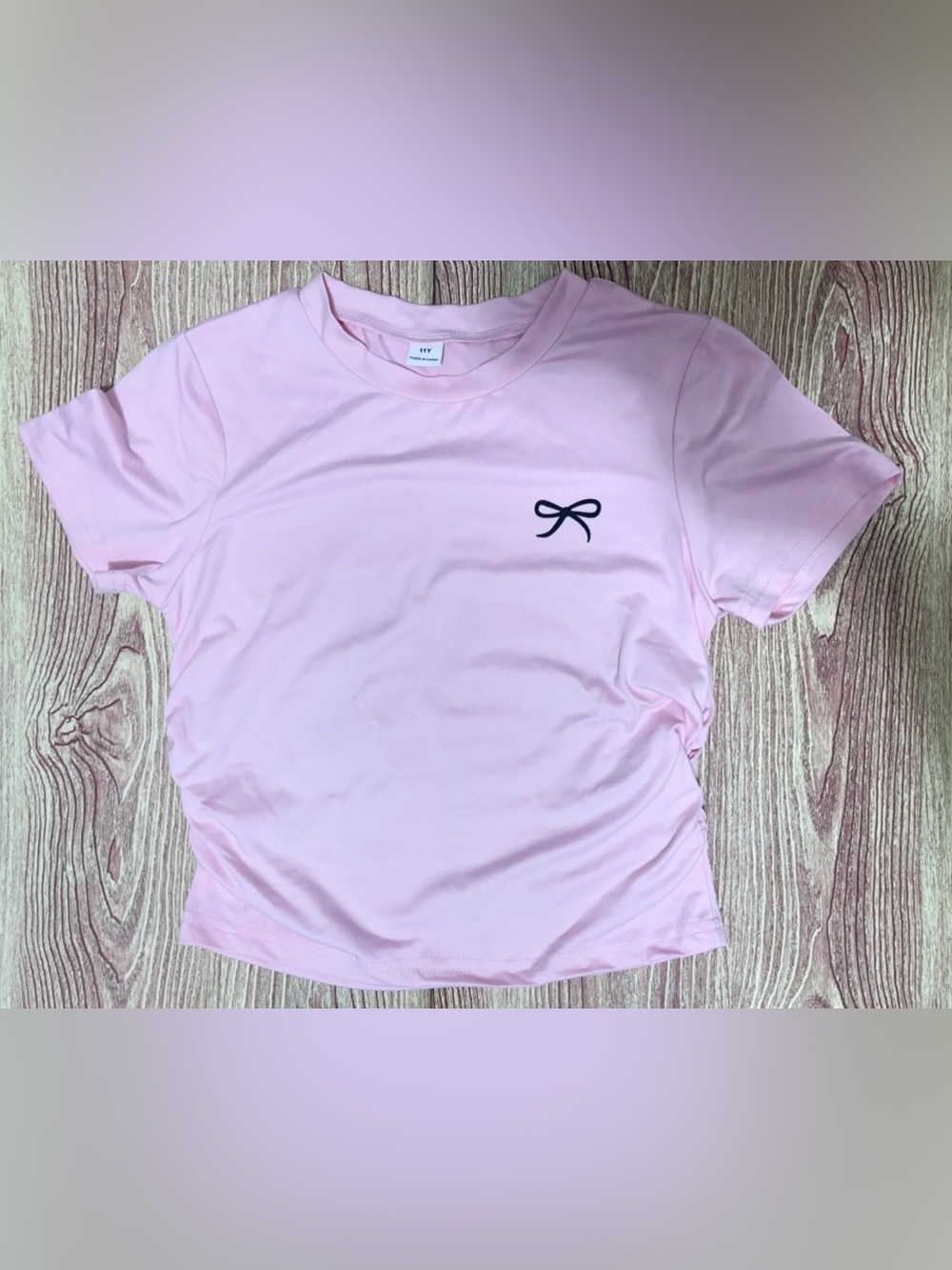 SHEIN Light Pink Short Sleeve Tee with Black Bow Embroidery